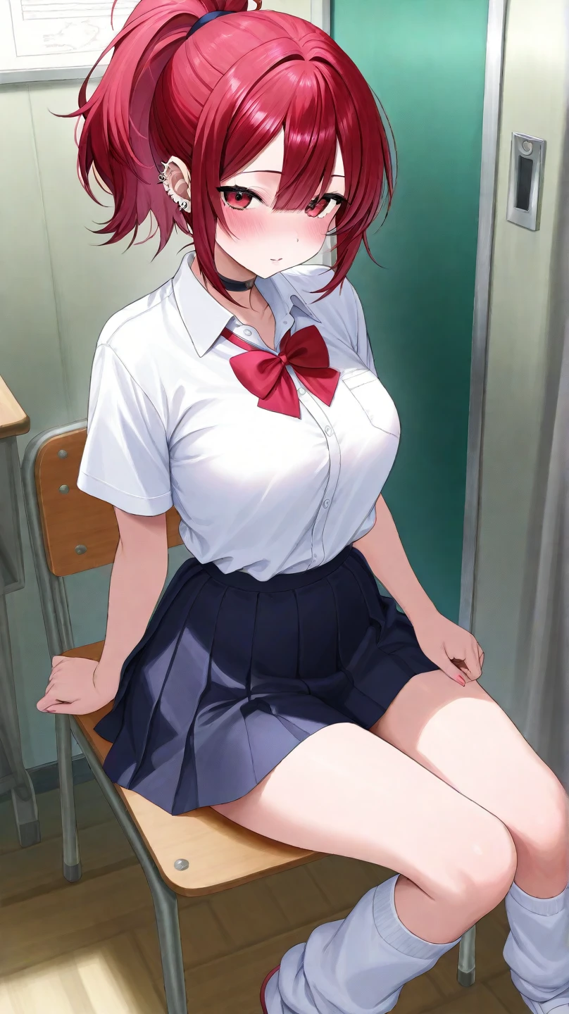 Nino Nakano, blue eyes, Say goodbye to hair accessories,  (chest comes out),BREAK looking at viewer,indoors, classroom,break (table top:1.2), highest quality, High resolution, unity 8k wallpaper, (figure:0.8), (beautiful and fine eyes:1.6), detailed face, perfect lighting, Highly detailed CG, (perfect hands, perfect anatomy),big breasts,woman ,irritated expression,((white panties)),Lift the shirt,show your chest,(nsfw),Kneeling,open your legs