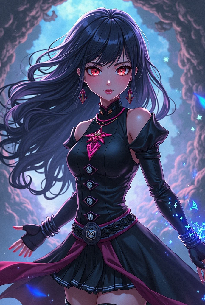 hair above one eye, red eyes, clear eyes, choker, open jacket, towards the wall,shineing grafiti, shineing tattoos, shine, neon light, Black light,anime style, movieポートレート写真, 1 female, 22 years ago, Full body Esbian,Blue eyes background, big and full breasts, anger, (scarlet colored hair), long hair, purple eyes, wearing a short black dress, (natural skin texture vivid details, surreal, (realistic detailed eyes, natural skin texture, realistic facial details), soft and dramatic lighting, Depth of written boundary, Bokeh, vivid details, surreal, 35mm movie, hazy blur, movie,lipstick, ear piercing, eye shadow, hoop earrings, Red-pink lips, 多色のred eyes, purple theme,Wear an iridescent aura,beautiful eyes,stand in front of the red gate、bold pose、decide on a pose,upper ponytail,Hanging bangs