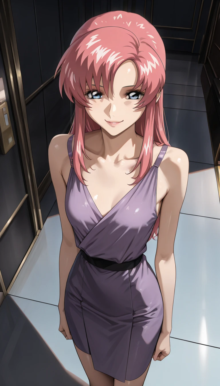 ((best quality)), ((masterpiece)), (detailed), perfect face. Asian girl. Pink hair. Green eyes. Topless. Small breast. Smile.