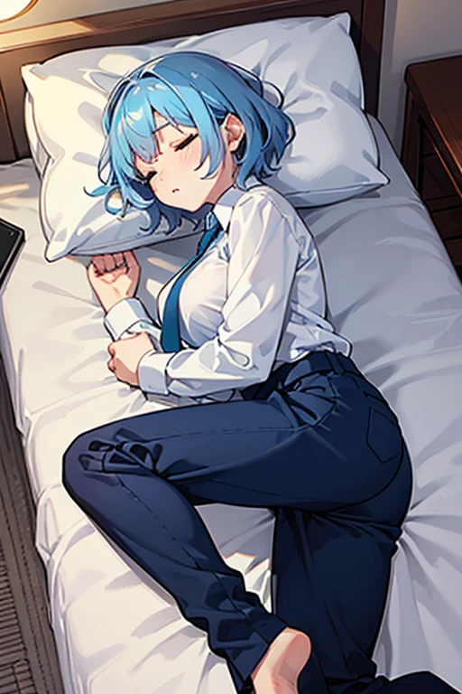 (Highest quality), (masterpiece), highly detailed, highly detailed face, Adult women, Nakano Ichika is asleep in her pajamas, spread-legged on the bed, unaware that I'm having sex with her while pressing her hips against hers., whole body, Eyes that are evenly shaped, She has a full head of pubic hair, Pink Hair, asymmetry short hair, Love juices entangled around the penis, A small cross-section of a uterus with a penis expelling semen in the background, Sleeping with both eyes closed, Small breasts, Accurate depiction of penis insertion,
