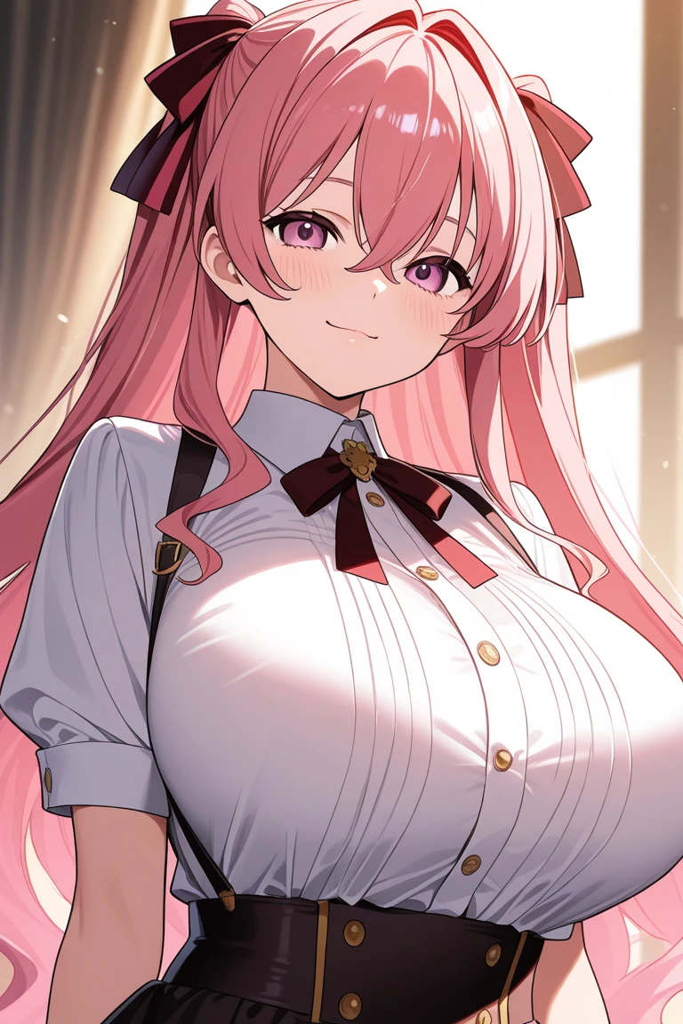 (anime style illustration), in office, 1girl, (Aru blue archive), pink hair, smug face, blush, huge breasts, hands on hip,