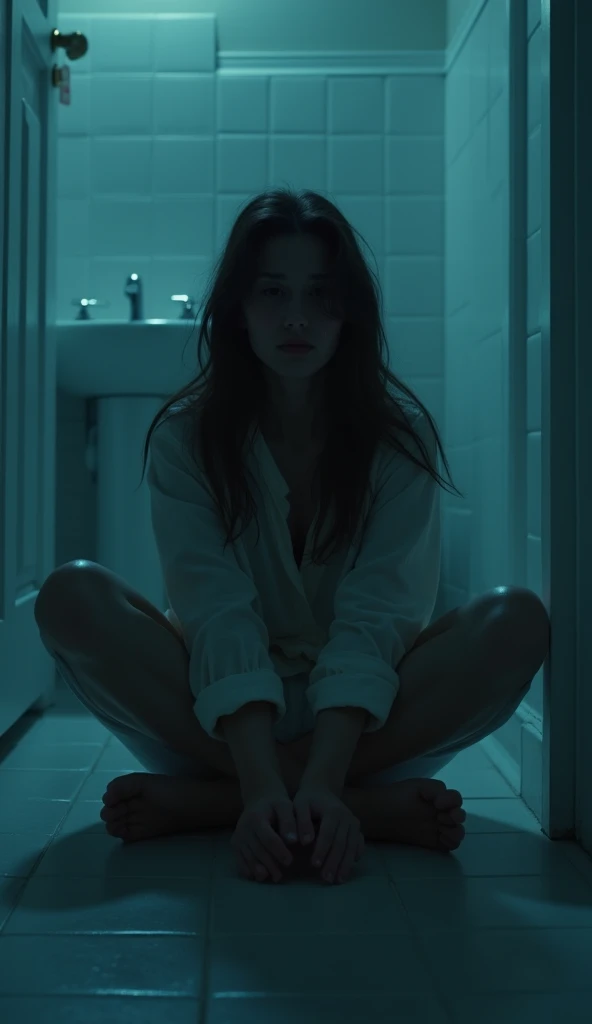 A woman, desperate with anxiety, inside a messy room with neon blue and purple colors.