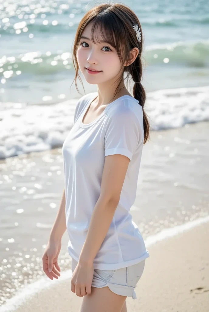 doress、(Photorealsitic:1.4)、(hyper realisitic:1.4)、(realisitic:1.3)、(Smooth lighting:1.05)、(Improved lighting quality in movies:0.9)、32K、1girl in、20 years girl、Realistic lighting、Back lighting、Facial light、raytrace、(brightened light:1.2)、(enhanced quality:1.4)、(Top quality real texture skins:1.4)、finely eye、finerly detailed face、Fine quality eye、(Tired, sleepy and satisfied:0.0)、 close up of face、tshirts、(enhance body line mood:1.1)、(Increase the beauty of skin texture:1.1)、((Aya Ueto))、the beach、swim wears、
