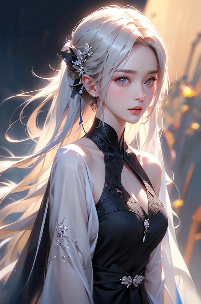 super high quality, masterpiece, Perfect illustration, Very detailed (Exquisite light and shadow, Very dramatic photo,Backlight) , ((Gray Hair:1.5))1 Girl,(( alone:1.6)), (Wearing Han clothes, Black and white Hanfu,Monotony,Long sleeve) (White smoke:1.3) (Realistic:1.4), Official Art, unity 8k wallpaper, Very detailed, Beautiful and beautiful, masterpiece, Highest quality, (Dynamic Angle: 1.4), Glowing Skin, (Floating colorful flashes: 1) The most beautiful chaotic shapes, elegant, Brutalist Design, Bright colors, Romantic Depth of Field Exotic_dance, half_naked、Expose your shoulders、Ample breasts、Great cleavage、Lean forward