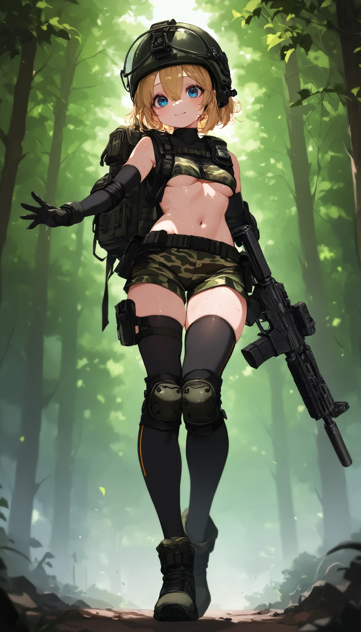 slender girl, frail frame wearing rifle on back, wearing tight black leggings with a cameltoe, hiking through the woods
