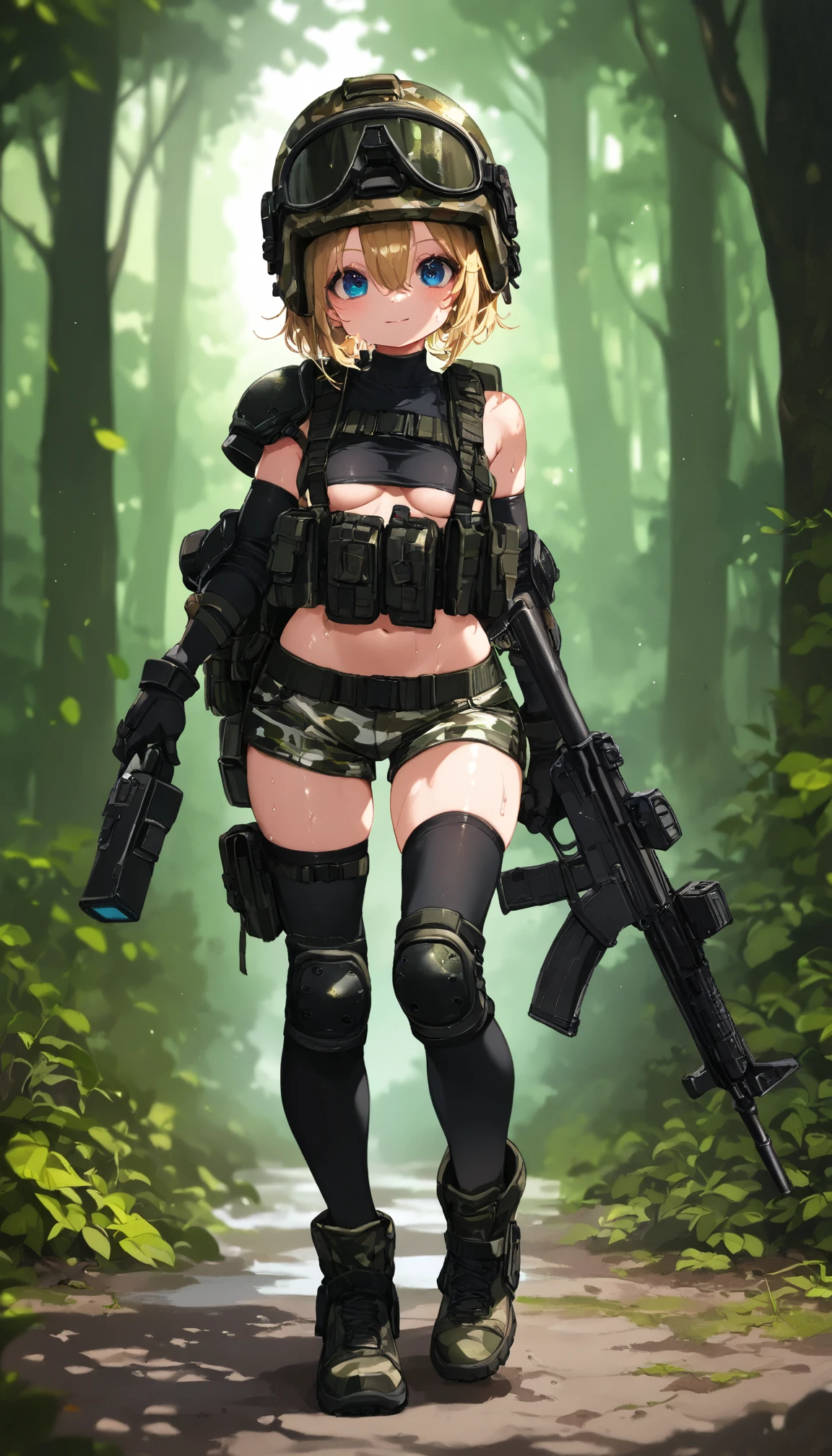 top quality 、 masterpiece、 exists , face 、blushes、smiles、 very young girl 、 cute girl who spilled to one side、( camo print shorts ), blondes, bob hair、hair between eyes、Blue Eyes Tactical Gloves、Tactical Vest、Shoulder armor、Elbow Armor Pads、Knee Armor Pads、OVERKNEE HIGH SOCKS、 military boots , TACTICAL HELMET 、backpack、( Camo Sleeveless Tight Tops , Made of PVC), forest、Illuminated by lighting、I have an assault rifle in my hand、full body、 petite and slender body、B-cup chest、underboob, I'm sweaty、 I'm running