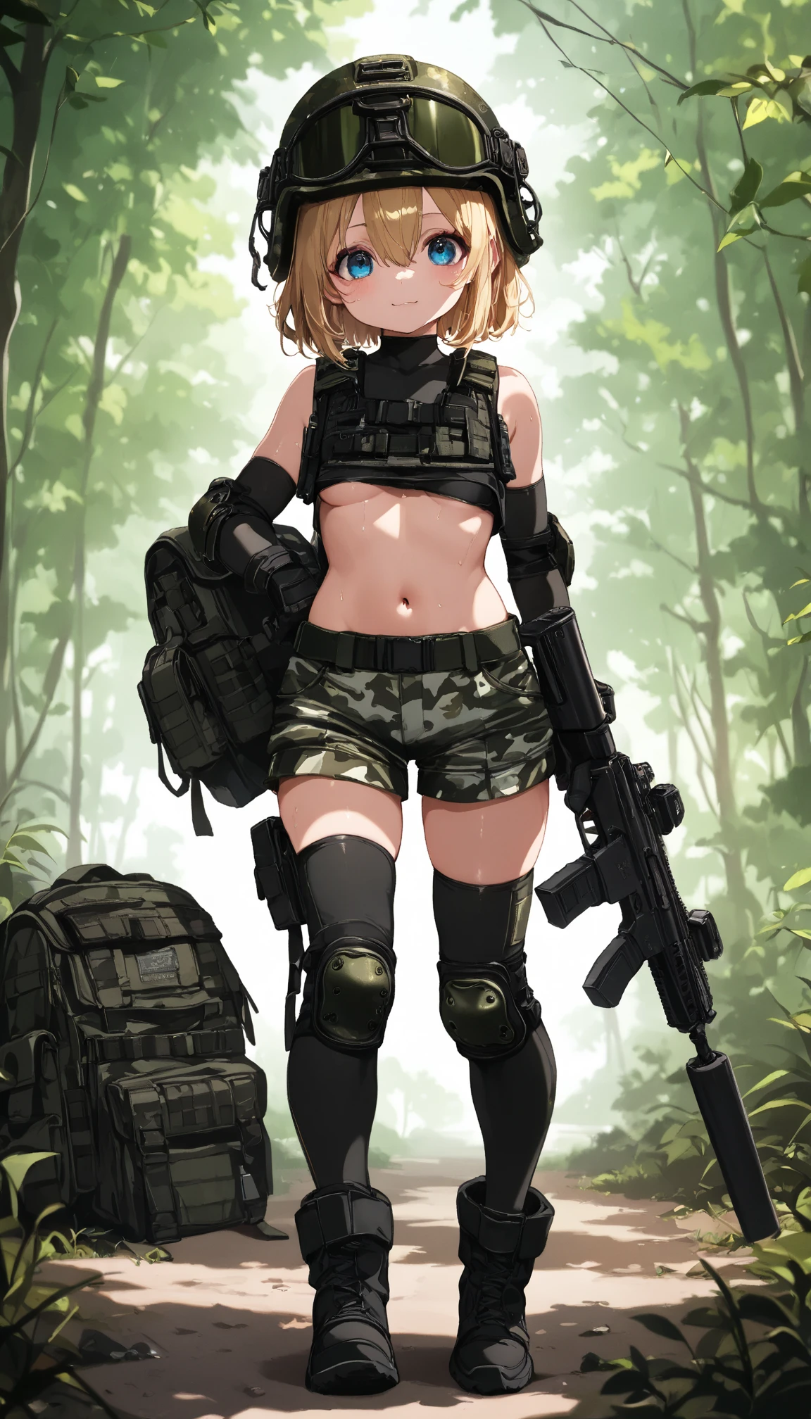    top quality 、 masterpiece、  exists ,    face 、blushes、smiles、  very young girl  、 cute girl who spilled to one side、(  camo print shorts ),  blondes, bob hair、hair between eyes、Blue Eyes Tactical Gloves、Tactical Vest、Shoulder armor、Elbow Armor Pads、Knee Armor Pads、OVERKNEE HIGH SOCKS、 military boots  ,  TACTICAL HELMET 、backpack、(  Camo Sleeveless Tight Tops , Made of PVC),   forest、Illuminated by lighting、I have an assault rifle in my hand、full body、 petite and slender body、B-cup chest、underboob, I'm sweaty、 I'm running 