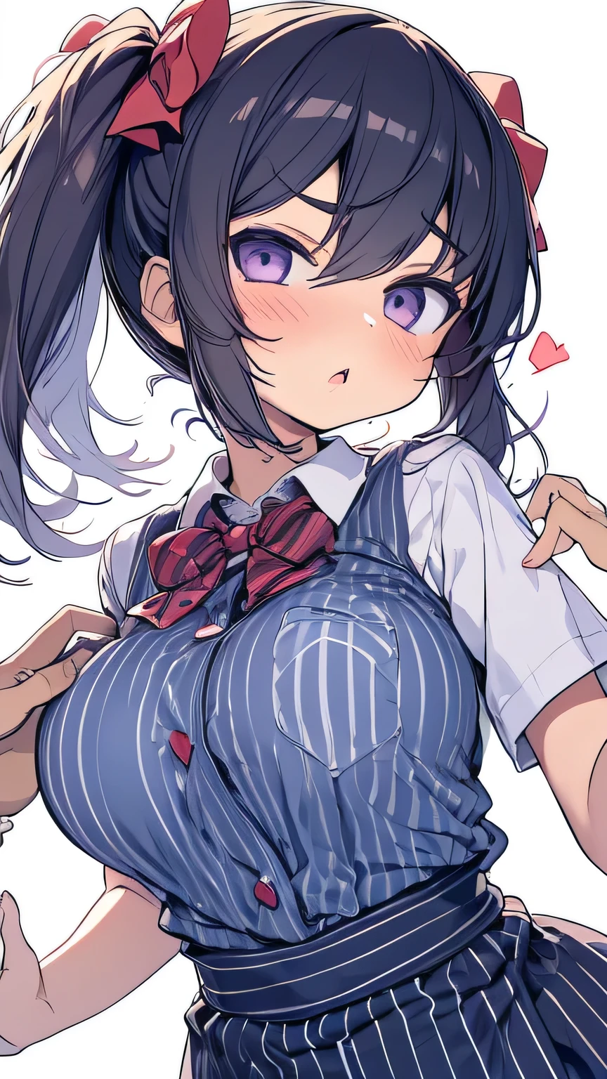 1girl absurdres alternate_breast_size anger_vein back_bow blush bow breasts breasts_squeezed_together buttons cafe_stella_to_shinigami_no_chou chestnut_mouth commentary_request double-breasted grabbing_own_breast hair_between_eyes hair_intakes hakutocake heart highres huge_breasts looking_at_viewer medium_hair meme motion_lines next_time_you're_getting_this_(meme) open_mouth orange_hair plaid_clothes plaid_collar puffy_short_sleeves puffy_sleeves purple_eyes shirt short_sleeves sidelocks simple_background solo sound_effects striped_clothes striped_shirt sumizome_nozomi translation_request twintails upper_body v-shaped_eyebrows vertical-striped_clothes vertical-striped_shirt waitress white_background white_bow yellow_shirt