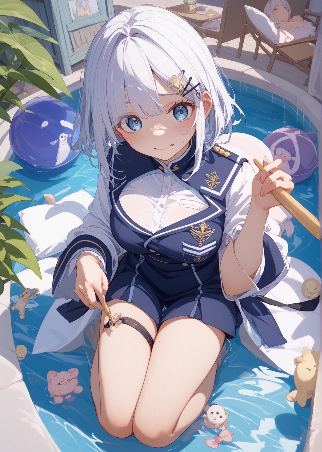[(Transparent background:1.5)::5],(((masterpiece))),(((best quality))),(((extremely detailed))),illustration, 1girl,solo,mysterious,vivid color,shiny, underwater transparent sealed hemispherical glass dome, (white hair),(purple eyes), full body,barefoot,long hair tranquil nature, koi,Underwater, Dome,close up,Dynamic actions,Lens perspective,(((Box composition))),sit cross-legged and lean against the bookshel, volumetric lighting, multi-color eyes, detailed eyes, hyper detailed,light smile, highly detailed, beautiful, small details, ultra detailed, best quality, intricate, 4k, 8k, trending on artstation, good anatomy, beautiful lighting, award-winning, masterpiece, best quality, highres, 1girl ibuki mio short hair blue hair, white skirt red jacket open jacket squatting, looking up, (from above:1.4)