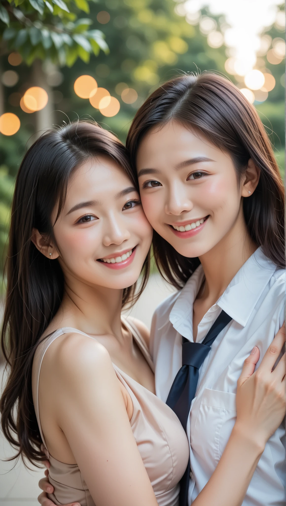 Ultra-realistic、High resolution、High resolution8Kフォトリアリスティック画像。A scene showing two Japanese sisters with completely different looks together。姉は巨乳in長い黒髪in、Kind eyes、Elegant atmosphere。妹は巨乳in短いブロンドの髪をしています（明るい茶髪inも可）in、Lively expressions、Wearing casual clothes。背景は日当たりの良いリビングルームin、暖かい自然光が差し込んinいる。Photo book-like page layout。Representing human skin in detail。