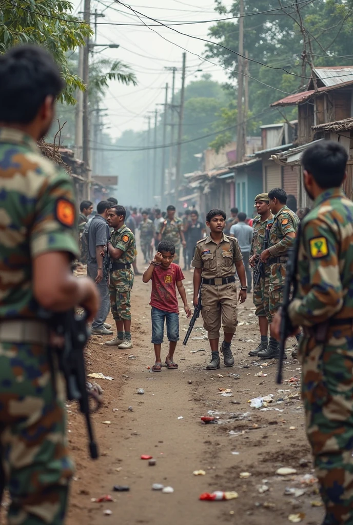 a boy of Bangladesh holding a flag in his hand in a road. And some attackers are attaching on him with hockey stick wearing helmets. A map of Bangladesh has there on that's boy's t-shit. And the sky is red with some bangla Alphabet. There was also blood and blockades on the road too. There was also some fire.