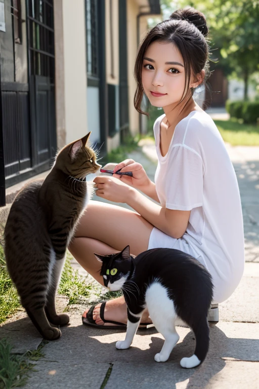 Highest quality, High resolution, Clear image, (many (detailed) a bit cats) And one girl:1.3), Focus on the cat, a bit (detailed) Cats around a girl,The background is a back alley, detailedな日光, Sitting, Viewers staring at the girl, Front view, (Viewers staring at a cat:1.2), Sitting on the floor grasping knees, (Happy:1.3) , (kitten)