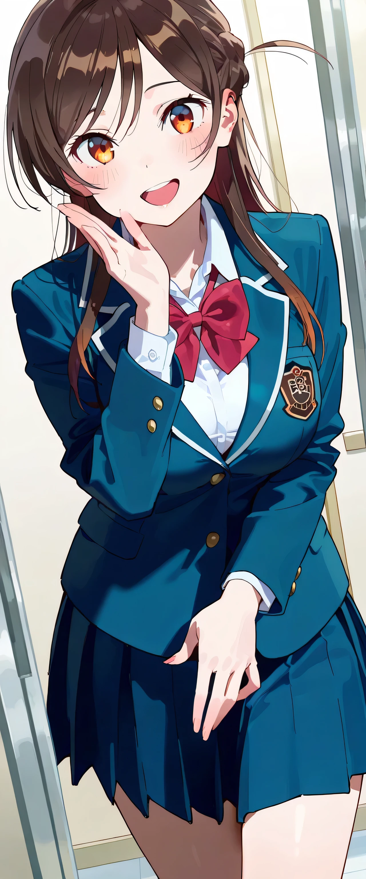 masterpiece, best quality, super detailed 8k, high resolution, 1 clean girl, solo, Chizuru Ichinose, Kanojookarishimasu, cool and cute girl, white skin, clean skin, slender, round body, ample bosom large breasts, waist length medium hair, dark brown hair, smooth hair, orange eyes, look at viewer, little, laugh, ((she is wearing school uniform, blazer is outer), standing, cute pose, focus her, dutch angle