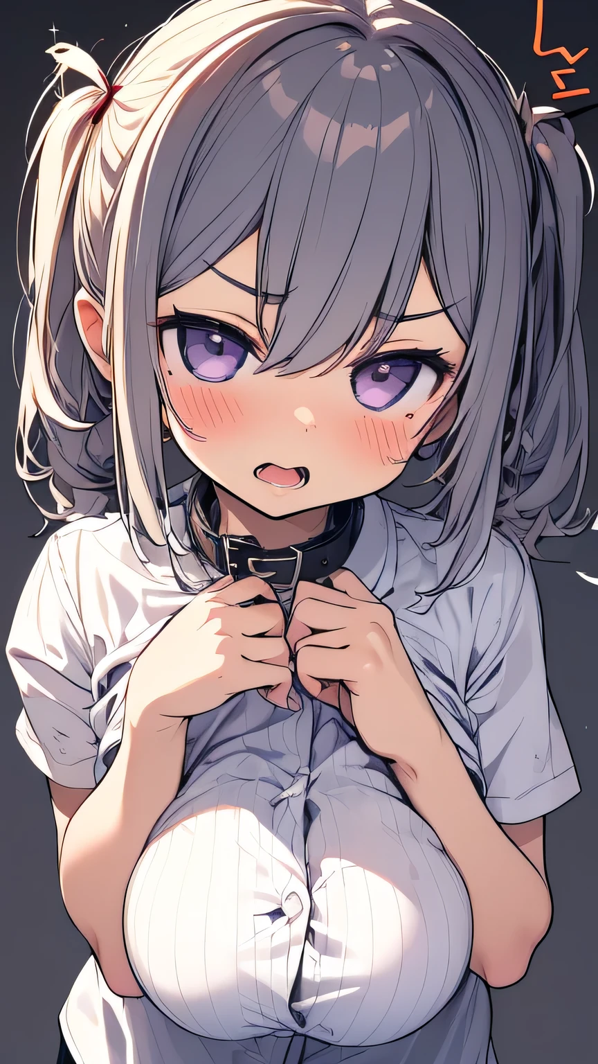 1girl absurdres alternate_breast_size anger_vein back_bow blush bow breasts breasts_squeezed_together buttons cafe_stella_to_shinigami_no_chou chestnut_mouth commentary_request double-breasted grabbing_own_breast hair_between_eyes hair_intakes hakutocake heart highres huge_breasts looking_at_viewer medium_hair meme motion_lines next_time_you're_getting_this_(meme) open_mouth orange_hair plaid_clothes plaid_collar puffy_short_sleeves puffy_sleeves purple_eyes shirt short_sleeves sidelocks simple_background solo sound_effects striped_clothes striped_shirt sumizome_nozomi translation_request twintails upper_body v-shaped_eyebrows vertical-striped_clothes vertical-striped_shirt waitress white_background white_bow yellow_shirt