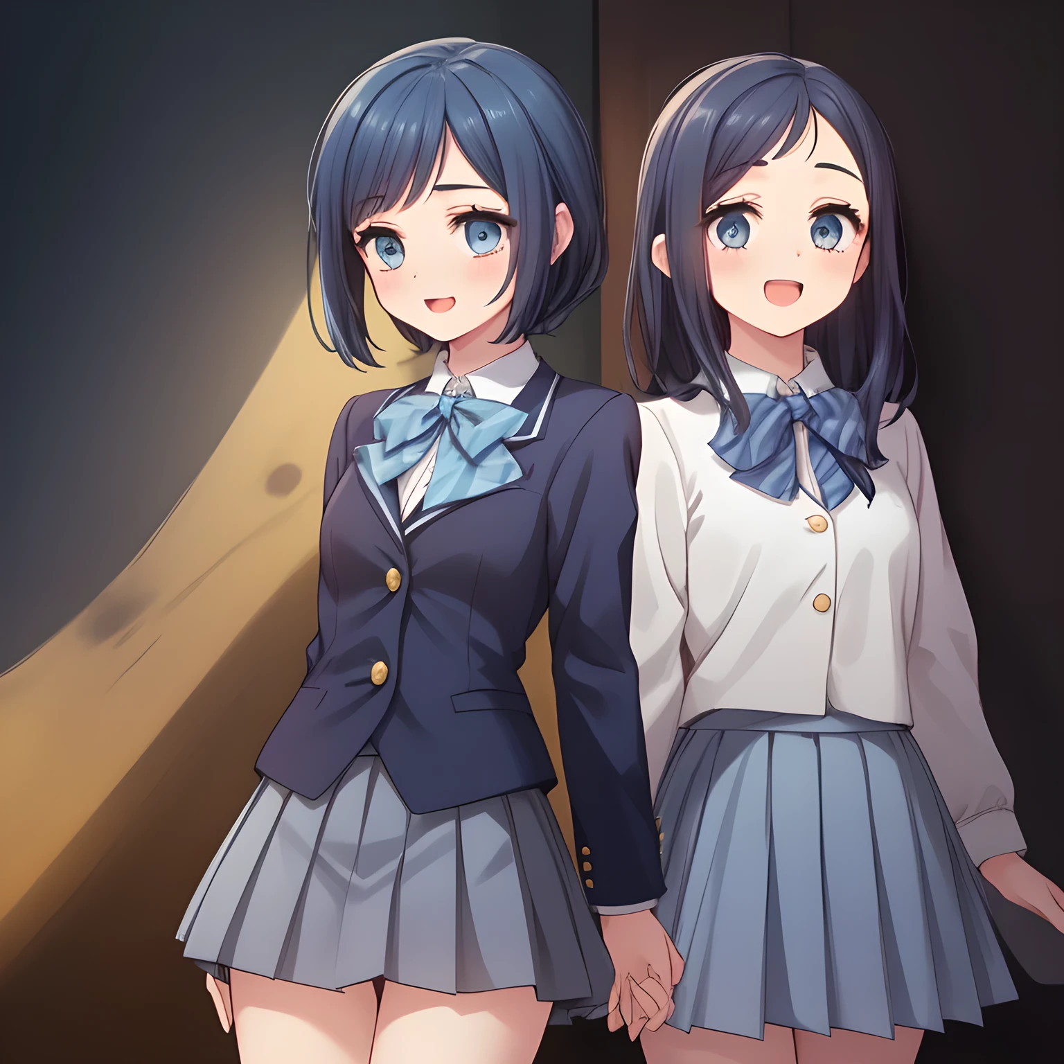 (highest quality, masterpiece:1.2), highest quality, High resolution, 1080p, 8K, (A Too beautiful noble bewitching woman (intelligent and perfectly balanced slender style), (neat & clean, strong charm, cutely tilted head, fluttering: 1.5), (Too noble beautiful heroine), ((neat innocent ears)), ((white smart face)): 1.2), (Too beautiful fascinating shiny (double-lidded) (thin blue eyes), ((deep upper girly eyelid)), laughing with detailed clearly: 1.5), ((amazingly beautiful short bobbed neat dark blue hair : 1.5)), (slender, small grown intelligent face: 1.5), (dark blue school blazer, evil golden emblem, pleats skirt, school neck bow-tie: 1.5), (classic school's entrance background: 1.2)