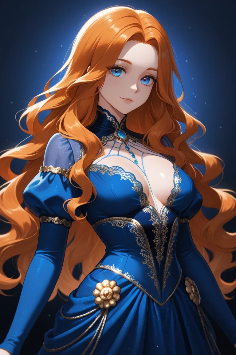 (high quality, 8k, 4K, high contrast, artwork:1.2, high quality, best aesthetics), (centralized), ((1 woman)), erotic, sensual, mature body, super detailed, beautiful face detailed, beautiful eyes detailed, detailed beautiful mouth, long orange hair, light blue eyes, freckles on her cheeks, and calm facial expression, medieval princess crown, light blue princess dress, flower courtyard, medieval castle in the background, standing, erect posture, looking at the viewer, focus on the face.