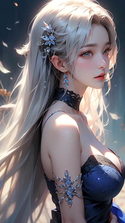 Silver-haired woman、bust、white skinned、Symmetry between left and right eyes、delicate eyes、sparkling sky blue eyes、golden hair accessories、Mosaic pattern background、spotlight、high contrast、Striking shadows、Detailed shadows、Perfect workmanship、Masterpiece、top quality、Top image quality