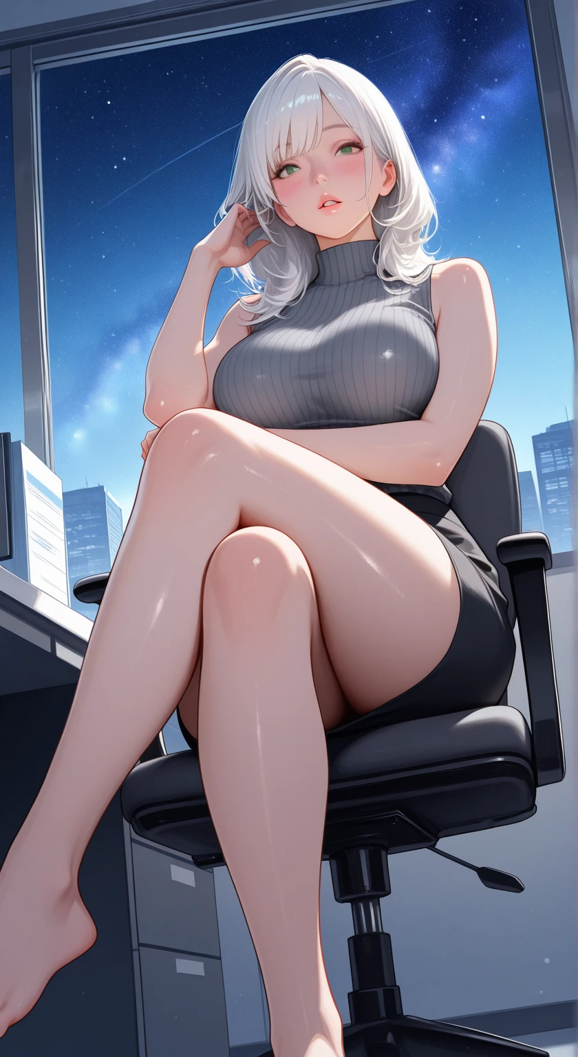 masterpiece, Highest quality:1.2),8k, 4K High Resolution, Super detailed, High-quality texture,High detail, High Quality Shadows, Beautiful and delicate face down to the last detail, Beautiful and delicate eyes、One Woman, alone,Shiny skin、Very large breasts、Very thick legs、Are standing、Composition from the front、smile、Look forward、Gray Hair、Stand up straight,Looking into the camera、Draw a face、Golden eyes、short hair、Depth of written boundary、Shiny black tight skirt、Sleeveless white business shirt、Put a belt around your waist、Show both armpits、Unbuttoning clothes、White clothes、A position that shows off your armpits、Gold Necklace