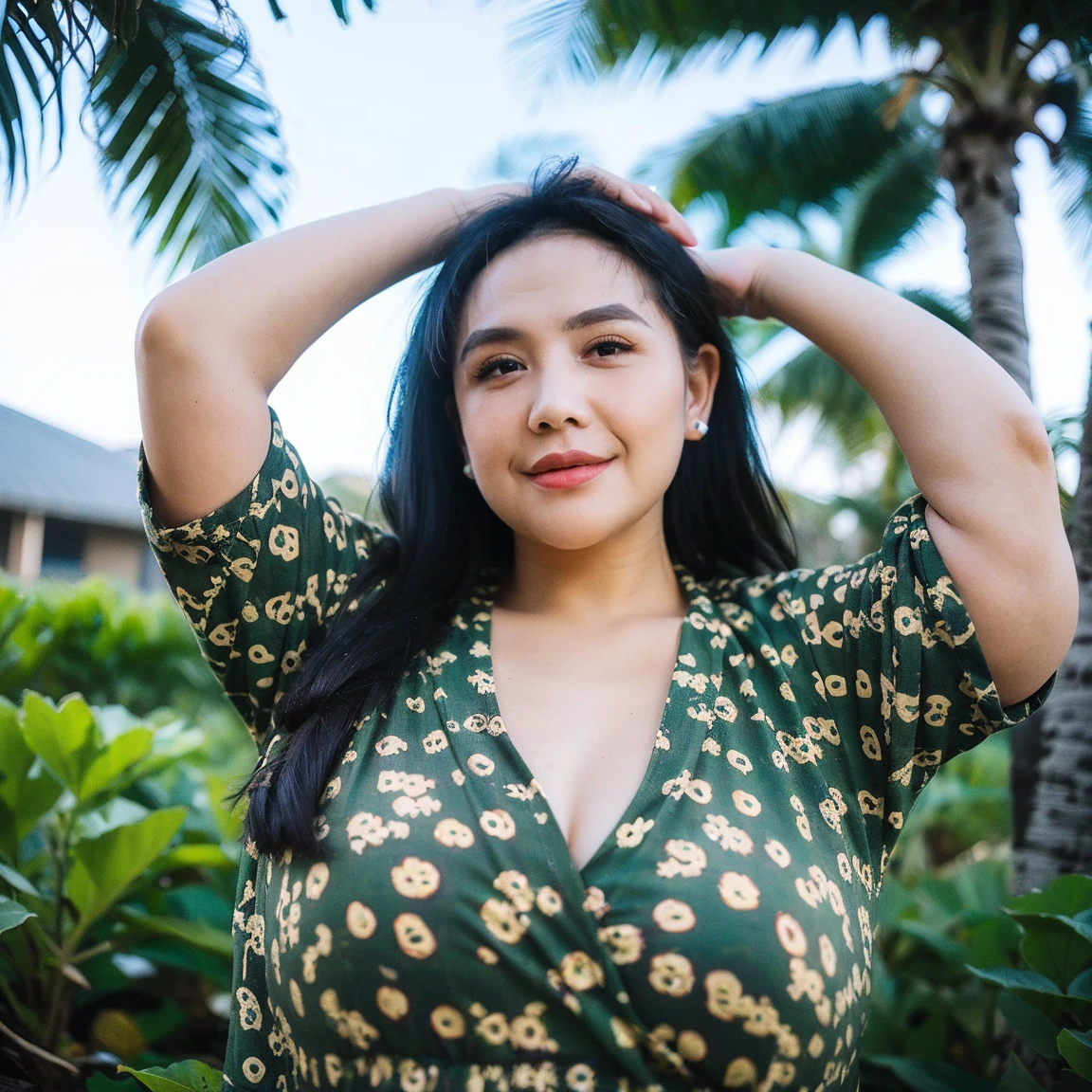 (hyperrealistic photo), exotic indonesian woman, plump, natural big breasts, knee-lenght batik housedress with intricate floral details, looking at the viewer, natural light, wide angle full-body shot, indonesian village house in the background,