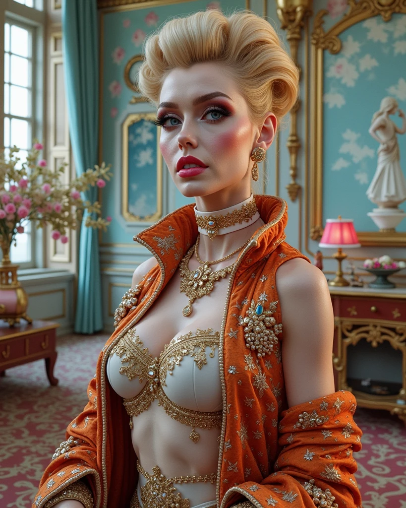 (Masterpiece - Ultra-Detailed, High Resolution) Prepare to be enchanted by a true masterpiece that combines ultra-detailed art with high-resolution rendering. This work shows a mesmerizing woman, with short, light blonde hair, 1950s style, Marilyn Monroe (1.3) and captivating brown eyes (1.2), New York illustration style, wearing red lipstick, emanating an aura of elegance and mystery. Intricate details and realistic textures invite you to explore every aspect of this enchanting composition. Wearing vintage clothes, dancing in the kitchen. Smiling, posing to photo, close up face. With a handsome man. (kitchen) illustration Get ready to dive into a world where beauty and craftsmanship merge perfectly.
