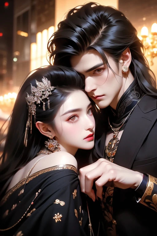 modern . neat clothes . Elegant couple , Masculine Man and Beautiful Girl. black hair. very detailed face . mata cantik (perfect eyes ). 8K resolution on the front. mahakarya. romantis, like, flash . is watching the audience. poster film . masculine man, sharp, dominant eye highlights