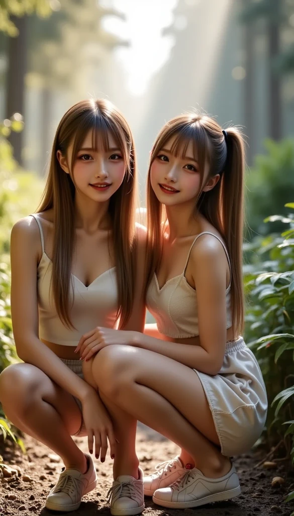 masuter piece, best qualtiy, ((realisitic)), 8K picture quality, (((twin sisters))), extremely delicate and beautiful, magnifica, Official art with attention to detail, Ridiculous, unbelievable Ridiculous, (Put the head in the frame), huge filesize, ultra-detailliert, ighly detailed, (Cute little girl s), (Petite and pretty girl), (Korean beauty), ((Perfect female figure)), Slim waist, brown haired, White camisole dress, Hugging and kissing in front of the fountain,