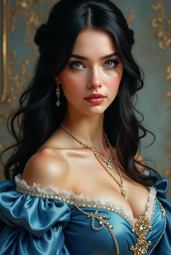 20 year old woman with perfectly sculpted body and big breasts, innocent and perfect face, Black hair, Apache and English descent, green eyes and cinnamon skin, Behind her back is a handsome 30-year-old prince with a perfect, full body that shows off his muscles (that is not thin), a skin as white as milk, with blonde hair with brown undertones, an extremely manly face with a square jaw ( Without beard), blue eyes. ( They are both dressed in Victorian clothing, 1847.)