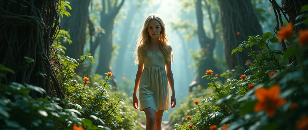 beautiful blonde woman looking down at camera, blue eyes, gleeful smirk, blue dress, extreme low angle, extreme worms eye view, floor view, in a lush forest, sunlight, sunny