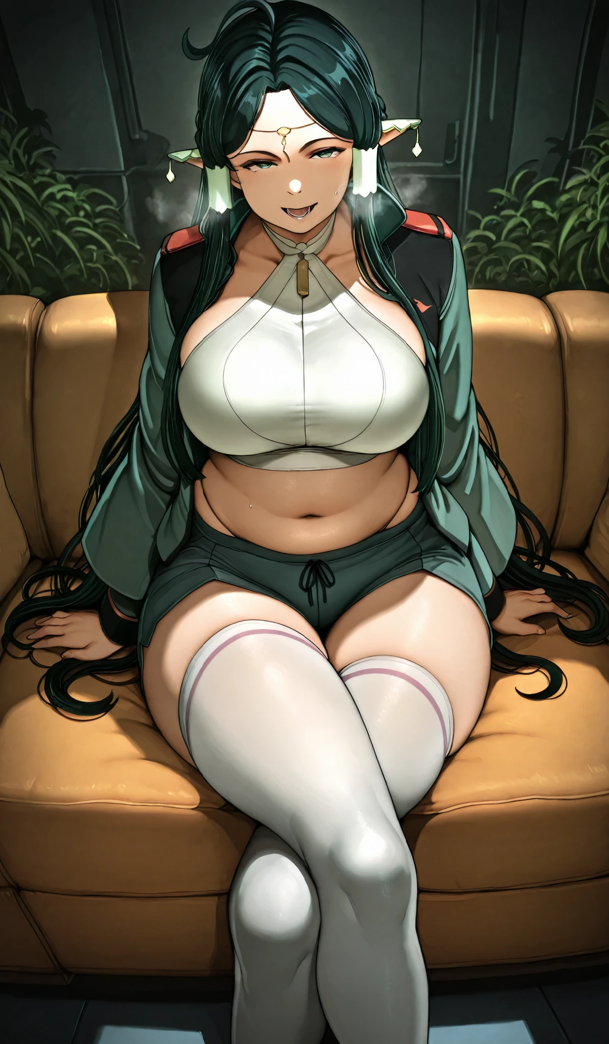 Sakuranotomoru, (aiue oka-style:1.2), ((UHD, masterpiece, Cinematic, low contrast)), comic, score_9, score_8_up, score_7_up, score_6_up, score_5_up, score_4_up, uncensored, detailed background, vignetting, masterpiece, Cinematic, high quality, absurdres, best quality, very aesthetic, newest, digital art, trending on ArtStation, ((anatomical correct)), perfect body, perfect eyes, perfect fingers, gasping, heavy breathing, gasping profusely, cinematic, ((skindentation)), ((curvy)), sakuya, long hair, black hair, very long hair, green eyes, green hair, pointy ears, hair tubes, elf, ear covers, dark green hair, mature female, breasts, plump, 1girl, asticassia_school_uniform, crossed_legs, breasts, thighhighs, solo, shorts, school_uniform, sitting, navel, jacket, couch, white_thighhighs, looking_at_viewer, seductive smile, halterneck, ahoge, midriff, thighs, open_mouth, green_jacket, short_shorts