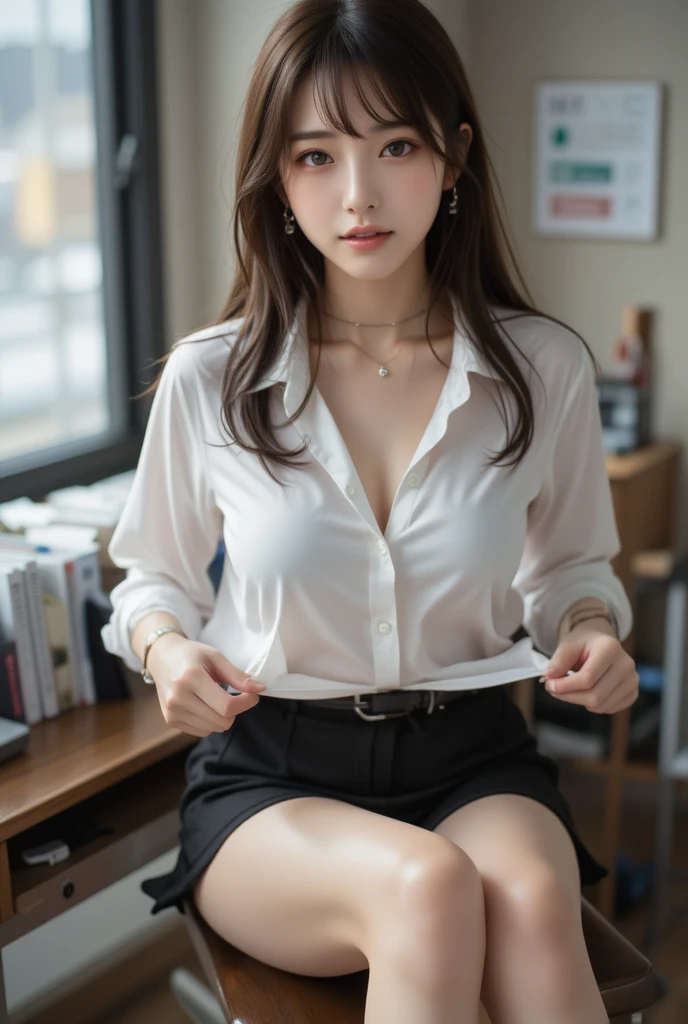 Highly detailed CG Unity 8k wallpaper, top quality, super detailed, masterpiece, realistic, photorealistic, highly detailed cute girl, 25 years old, black pantyhose, white shirt , get blush, parted lips, round eyes, medium breasts, viewer, half body shot ,office , sitting ,