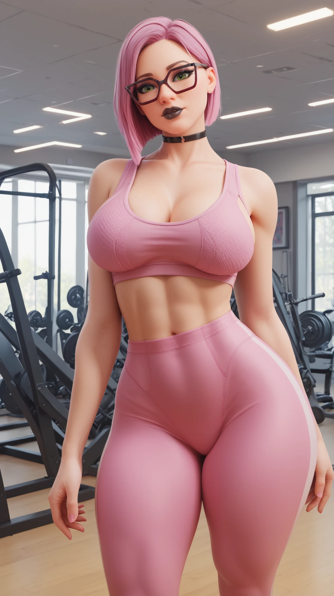 masterpiece, high quality, perfect face, beautiful face, (white sports bras), leggings, abs, sexy, gorgeous, gorgeous female, beautiful, hot, attractive, seductive, alluring, charming, enchanting, (evil smirk: 1.2), ((huge breasts)), perfect round breasts, ((muscular)), perfect female body, thick waist, blue eyes, standing, flex, fancy, rich, luxury, prestige, rich woman, gym, (cyberpunk), led lights, fancy lights, fancy lighting, presenting, perfect skin, clean skin, soft skin, pale skin, intricate detail, delicate pattern, (short purple hair), tattoo