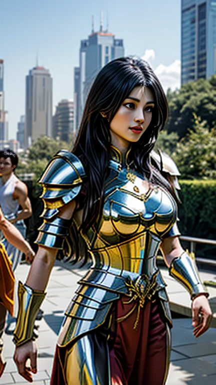 big muscular gorgeous pretty bodybuilder chinese women, muscular body, six pack abs, thick arms, big arms, thick legs, big legs, bare legs, breastplate, metal leotard, steel leotard, gold leotard, big breasts, cleavage, big pauldrons, sword, shield, spear, axe, female warrior, silver armor, shiny armor, chrome armor, gold armor, ancient china, ponytail, long wavy hair, curly hair, visible cleavage,

RAW photo,(high detailed skin:1.2), 8k uhd, dslr, soft lighting, high quality, film grain, Fujifilm XT3