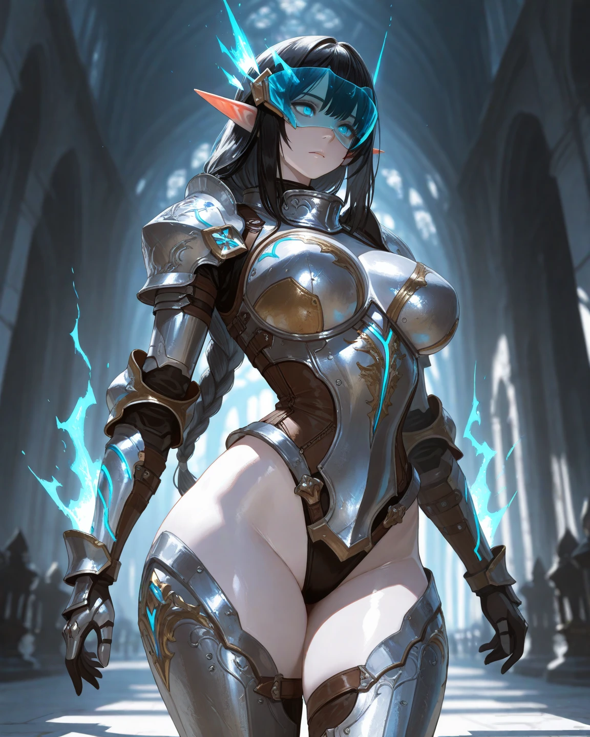 full body female Drow Elf sitting on a bench showing ass to me, blue breastplate (1girl) (blue oni skin:1.2) looking at viewer, shiny armor, military boots