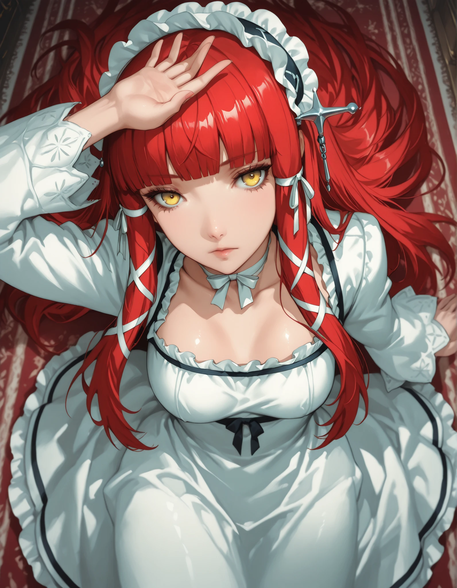 score_9, score_8_up, score_7_up, source_anime, 1girl, solo, expressionless, morimee_style, p3chidori, yellow eyes, red hair, long hair, blunt bangs, headdress, hair tubes, hair ribbon, choker, ribbon choker, dress, white dress, long sleeve dress, long sleeves, ta fashion, gothic ta, frills, lying, hand on own forehead, mansion, victorian mansion, carpet, from above, pov, looking at viewer, artist:moriimee, masterpiece