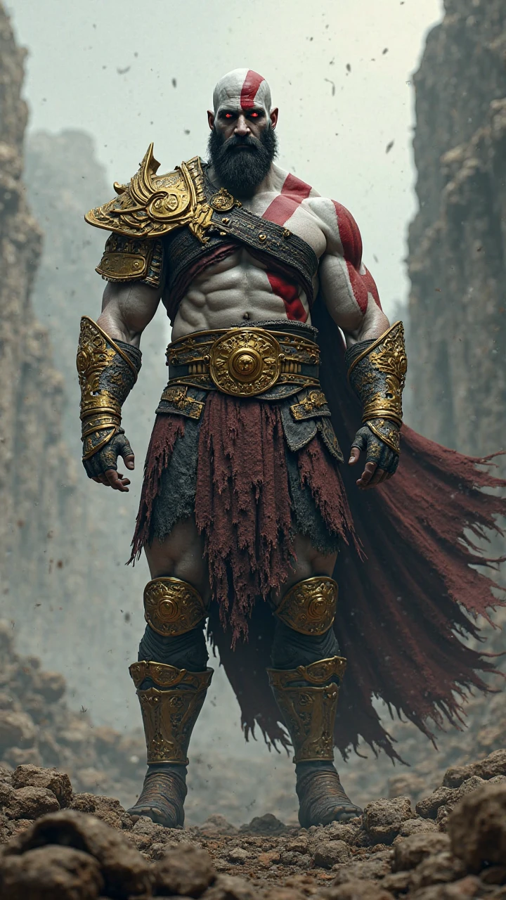 A muscular cat dressed as Kratos