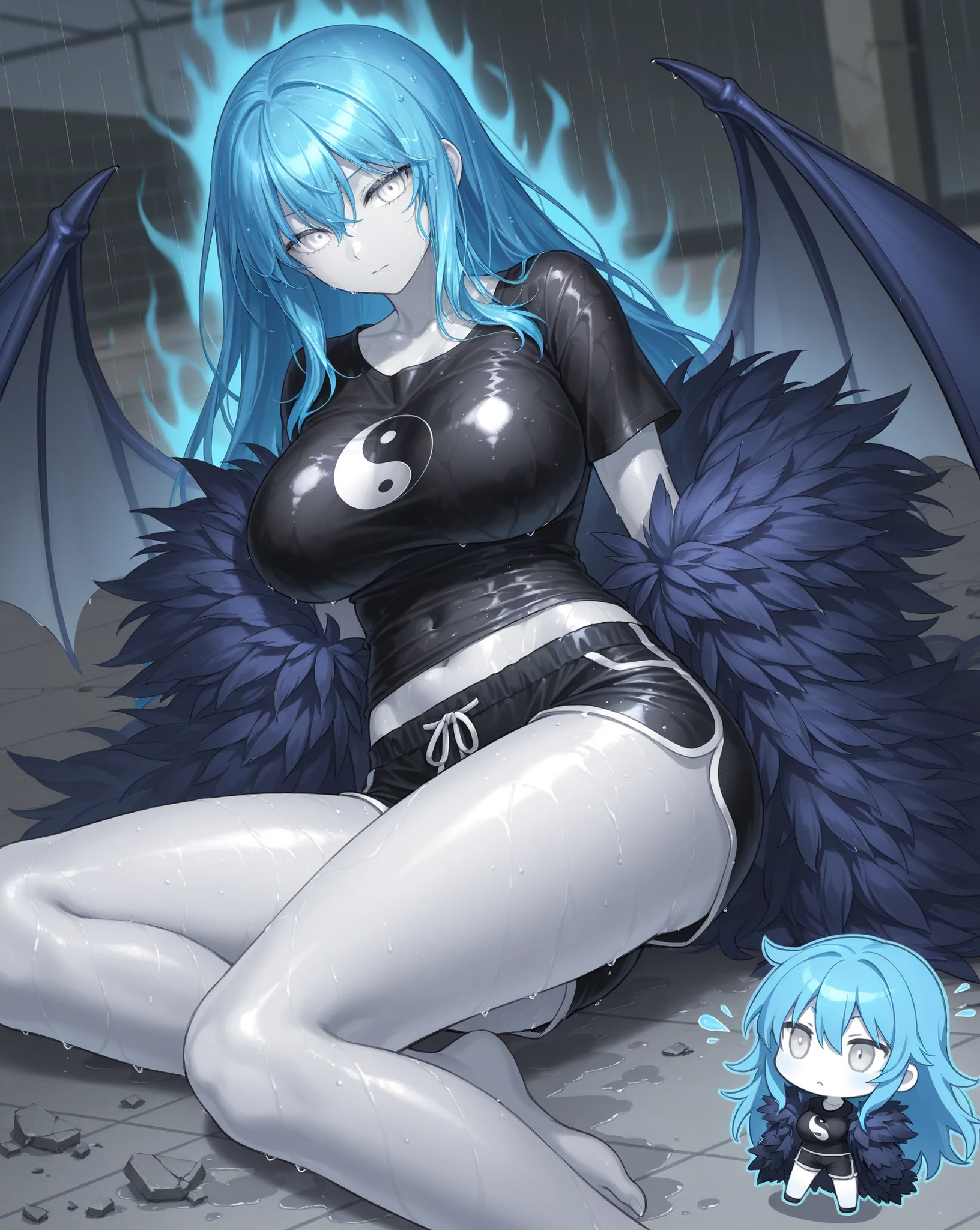 (High resolution, best quality, masterpiece), detailed, ultra detail, 1female, physically fit, curvy, slender body, fierce expression, dark eyes, (detailed eyes), light blue hair, short length hair, full body, ((dragon horns)), ((face: dragon scales)), face covered in scales, ((topwear: fur lined coat, bottomwear: tight jeans)), snow background, part draconic, somber expression, inhuman, reptilian skin
