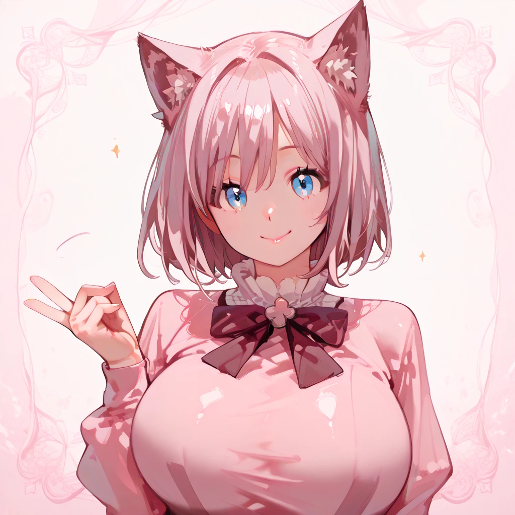 Short hair dyed red,Super fat ugly woman,The face is full of wrinkles and acne,Looks old,Sallow skin,Wearing a cream white T-shirt,A silver necklace is worn around his neck,It has pink fox ears