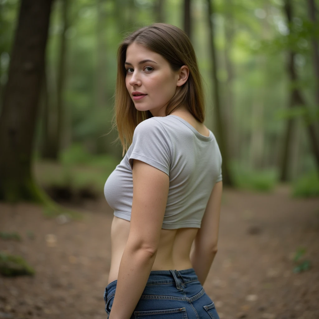 19 year old girl, with soft European features, ginger hair long and messy, highly detailed green eyes with black eyeliner, very pale skin, very detailed face, shyly smiling, removing a white lacey bra slightly see thru showing nipples, small breasts, blue full length tight jeans, Sitting on a log in a dark forest, heavy rain, and a light fog