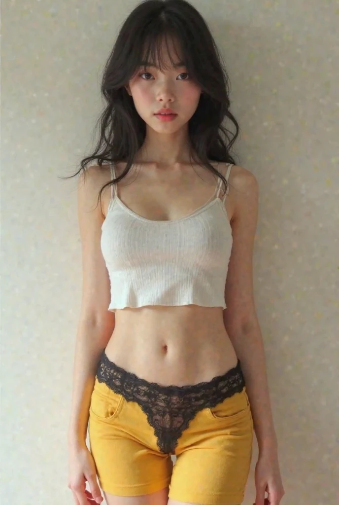 masterpiece,highest quality,1 Girl,delicined face, 前hair, just_arm, just_shoulder, green_eye,((An adult woman with a great figure:1.48))、(Huge valley:1.48)、(18-year-old:1.48)、clavicle, cowboy_shot, crop_superior, High leg, High leg_panties, length_hair, looking for_in_peeping in the viewer, belly button, panties, Realistic, short_Shorts, Shorts, 一人in, Are standing, underwear,