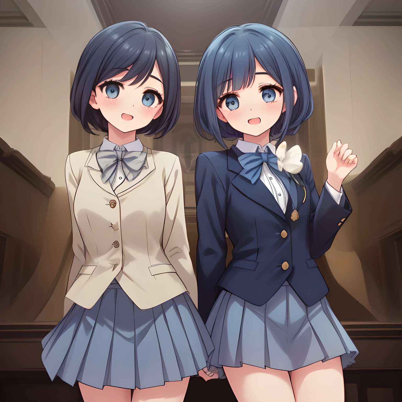 (highest quality, masterpiece:1.2), highest quality, High resolution, 1080p, 8K, (Some Too beautiful noble bewitching women entangled each other, (intelligent and perfectly balanced slender beautiful style), (neat & clean, strong charm, cutely tilted head, fluttering: 1.5), (Too noble beautiful heroine), ((neat innocent ears)), ((white smart face)): 1.2), (Too beautiful fascinating shiny (double-lidded) (thin (deep blue eyes)), ((deep upper girly eyelid)), laughing with detailed clearly: 1.5), ((amazingly beautiful ((short bobbed)) neat dark blue hair : 1.5)), (slender, small grown intelligent face: 1.5), (dark blue school blazer, evil golden emblem, pleats skirt, school neck bow-tie: 1.5), (classic school's entrance background: 1.2), (too beautiful noble rich atmosphere: 2.0)