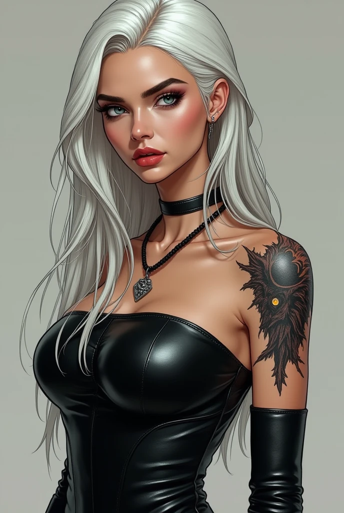 1 Beautiful woman aged 23, light blonde hair, tanned skin(realistic skin details, realistic skin), blue eyes, black lipstick, make-up, earrings, jewelry, tattoo, perfect body,
