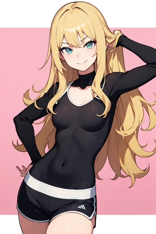 (Masterpiece, Best Quality:1.2), cowboy shot, Alone, 1 girl, charlie morning star, \:d, looking at the viewer, wide, red eyes, two-piece black lingerie, bedroom eyes, leaning forward, arms behind her back, Fang Tooth, blonde hair, hotel background