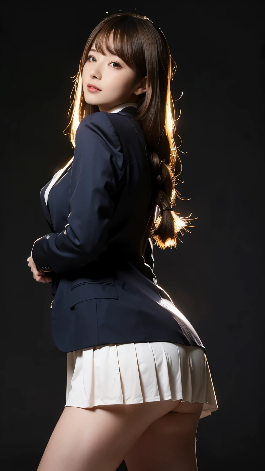 top quality, stay focused, clear skin, super high resolution, (photorealistic:1.4), RAW photos, ((Female Student Seduces Teacher)),
1 Japanese girl, alone, braids, cute, (pupil, 輝くpupil), Has a Beautiful Face with Attention to Every Detail , (blazer, blouse, tie, check pleated skirt, glass),(pheromones leaking in large quantities), anime girl, sexy figure, nice body curves, Show off your body , leaning back, view from below, taking sexy poses, simple dark background.
(long hair), (Detailed stills)