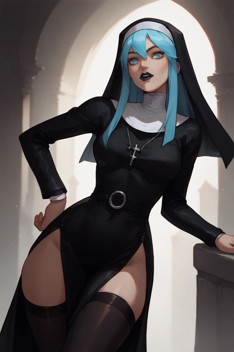 (((Pretty woman))) (((alone sexy nun))) (((dark elf / drow))) (((white hair))) (((dark gray skin))) (((solo woman))) (((big boobs))) (((short nun clothes))) (((purple eyes))) (((full body sitting)))