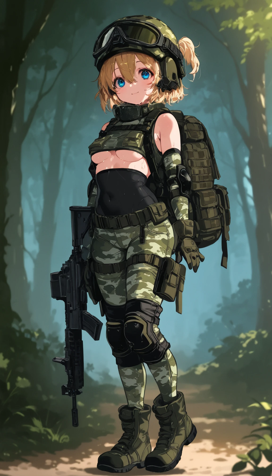 top quality 、 masterpiece、 exists , face 、blushes、smiles、 very young girl 、 cute girl who spilled to one side、( camo print short leggings ), blondes, bob hair、hair between eyes、Blue Eyes Tactical Gloves、Shoulder armor、Elbow Armor Pads、Knee Armor Pads、OVERKNEE HIGH SOCKS、 military boots , TACTICAL HELMET 、backpack、( Camo Sleeveless Tight Tops , Made of PVC), forest、Illuminated by lighting、I have an assault rifle in my hand、full body、 petite and slender body、B-cup chest、underboob, I'm sweaty、 I'm running