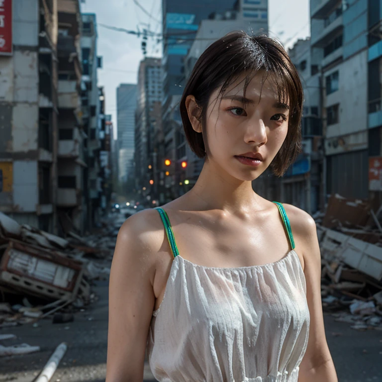 Best quality, masterpiece, ultra high res, (photorealistic:1.5), raw photo, 1girl, oriental japan chinesse, beautifull,cute,white tank top, street background , deep shadow, low key, cold light, sexy look, short hair,in crowd,straight cam