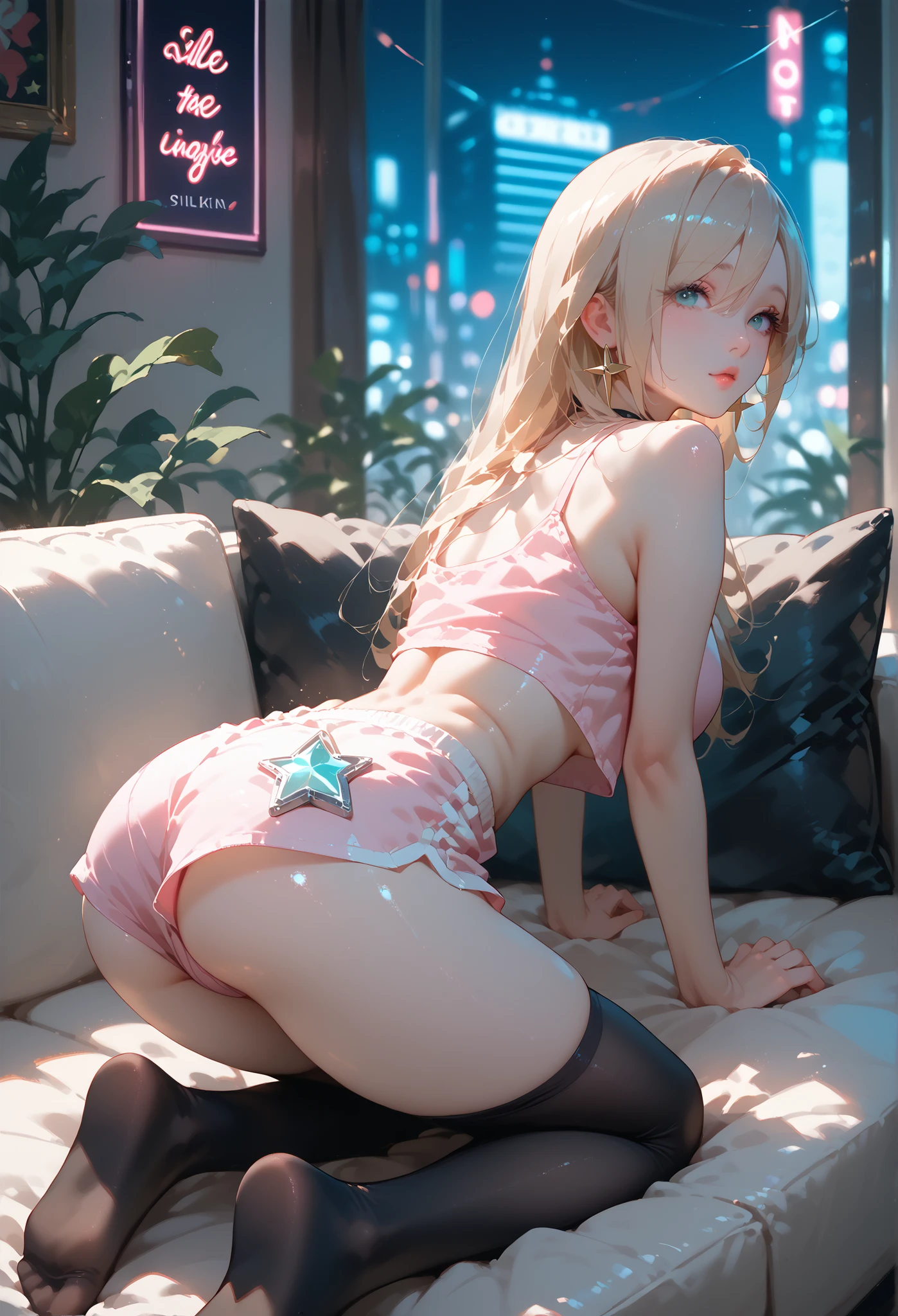 nose blush、(((Completely naked body)))、High resolution、(dark tan skin),perfect anatomia、8k、masutepiece、 student、full body Esbian、Futomo、cleavage of the breast、off shoulders、looking up at camera 、Opening legs(Open legs:1.5)、Exposing erect nipples、a blond、乃木坂アイドル、hposing Gravure Idol、