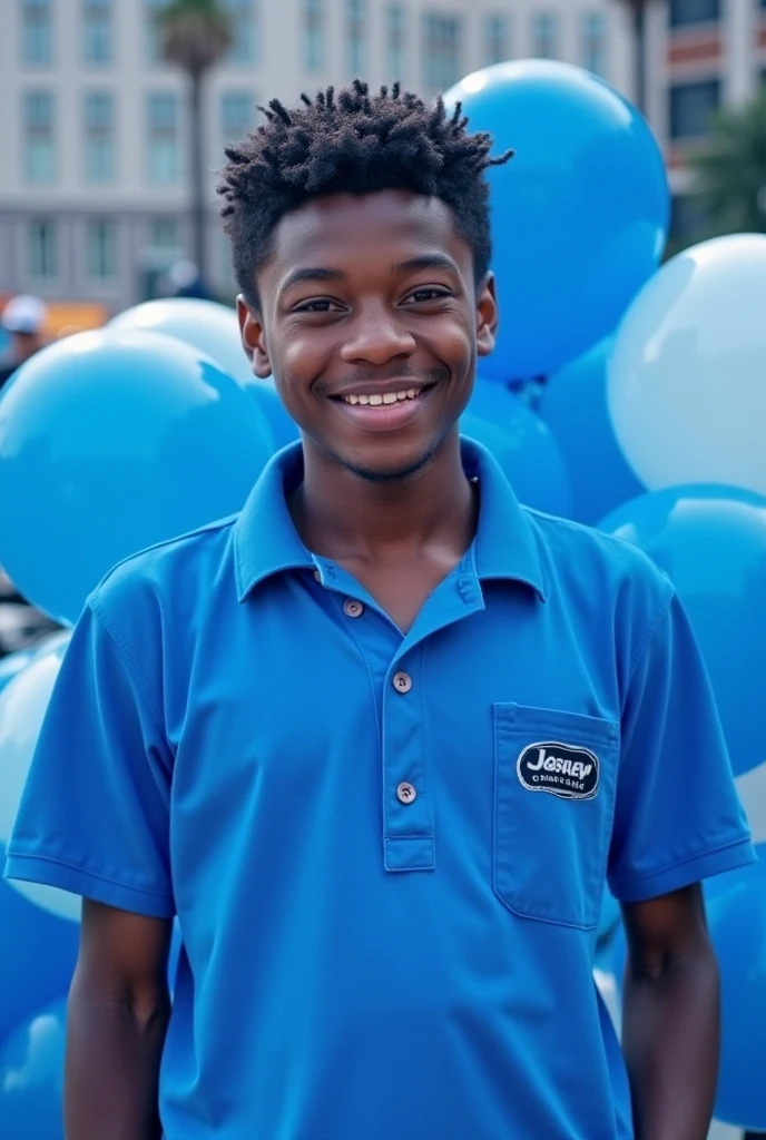  Wearing a blue jacket with the name “Water Paradise” on it in orange, in a blue marble colored office signing a contract with a banner saying “Water Paradise” in the back, zoom out, full body view A beautiful african american brown skin teenager, age 16, dimples, brown eyes, 
black curly hair