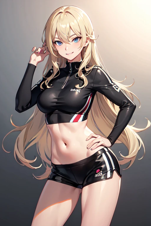 1girl, solo, long hair, bangs, blue eyes, blonde hair, cleavage, twintails, very long hair, ahoge,
navel, stomach, groin, midriff, bare arms, bare legs, bare thighs, (bare shoulders), ((evil smile)),
red buruma, sweatband, crop top, hair ribbon,
track and field, hand on hip, outdoors,
<lora:Naielle_anything1:0.65>