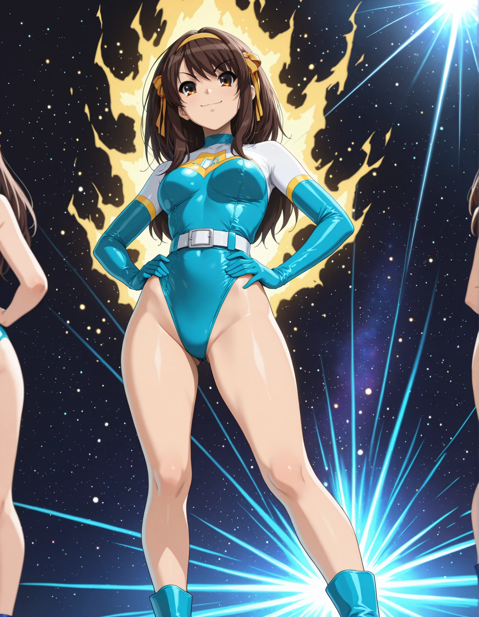 ((masterpiece, best quality, highres, UHD, perfect pixel, depth of field, 4k, RTX, HDR))), 1girl, single, solo, beautiful anime girl, beautiful artstyle, anime character, ((long hair, bangs, dark brown hair, simple hair pin)), ((green eyes:1.4, detailed eyes, beautiful eyes, perfect eyes,curly eyelashes, realistic eyes)), ((detailed face, blushing:1.2)), ((smooth texture:0.75, realistic texture:0.65, photorealistic:1.1, anime CG style)), medium breasts, ((dynamic angle, cowboy shot)), perfect body, ((red and brown leotard, bare legs, boots, gloves)), smile, open mouth, hand behind back, leaning forward, amusement park, atomic particles, body glowing, blue glow, spread arms, twirling, magical girl transformation